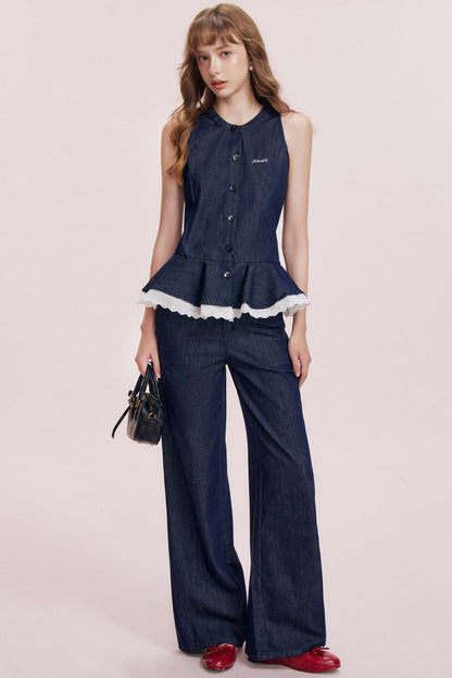 French Ruffle Denim Vest and Wide-Leg Pants Set-Up