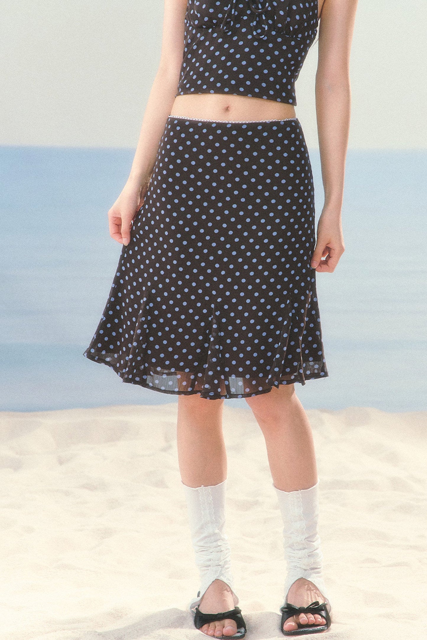 High-Waisted Chiffon Polka Dot Fishtail Skirt