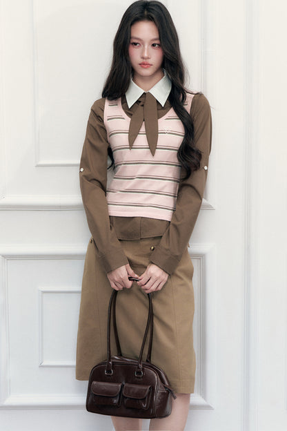 Retro Preppy Color-Blocking Shirt Knitted Vest and Skirt Set-Up