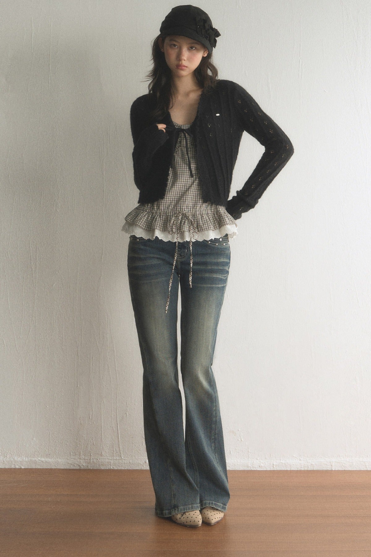 Hollow Knit Cardigan and Jeans Set-Up