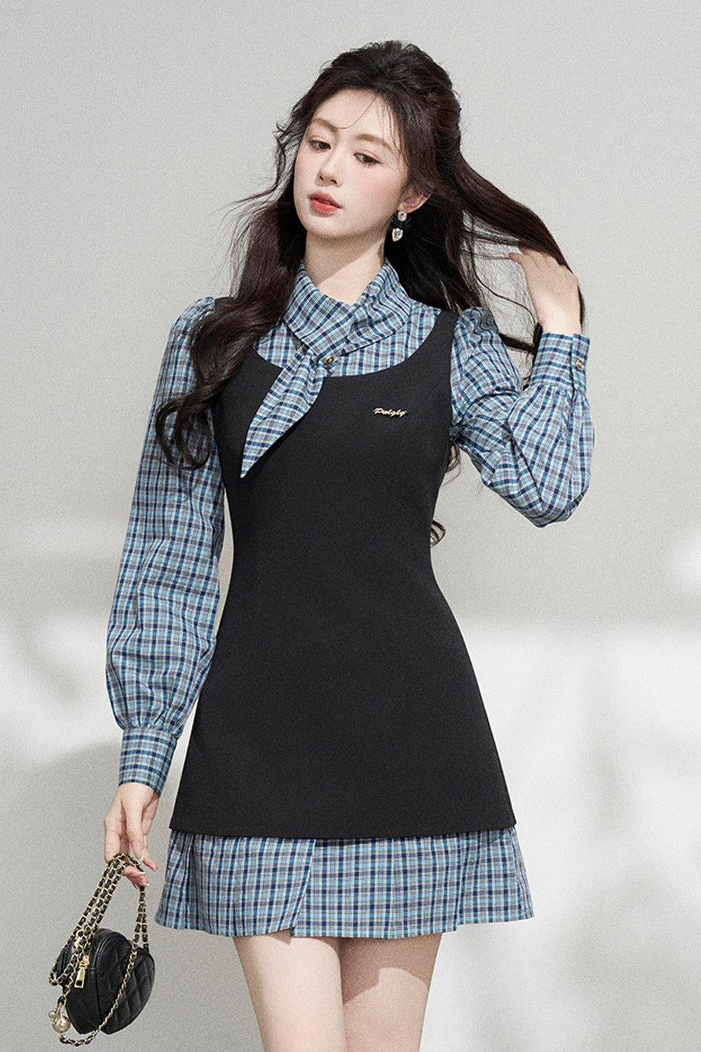 Blue Plaid Layered-Look Dress