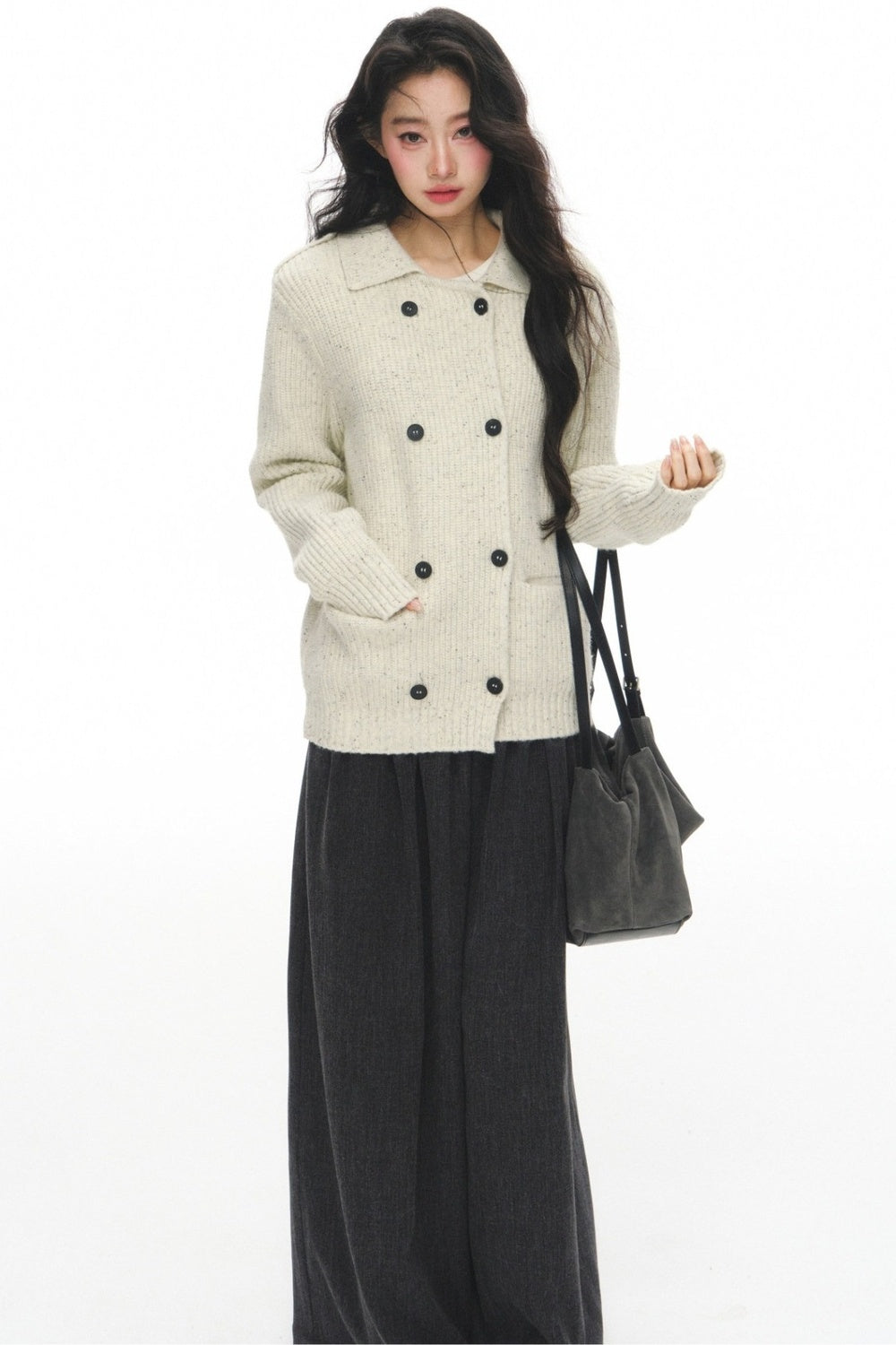 Gray Knit Cardigan With Trousers Set-Up
