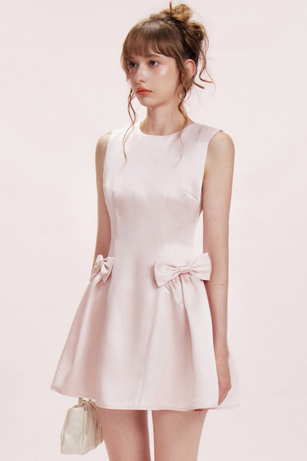 Double Bow Satin Vest Dress and Cardigan Set-Up