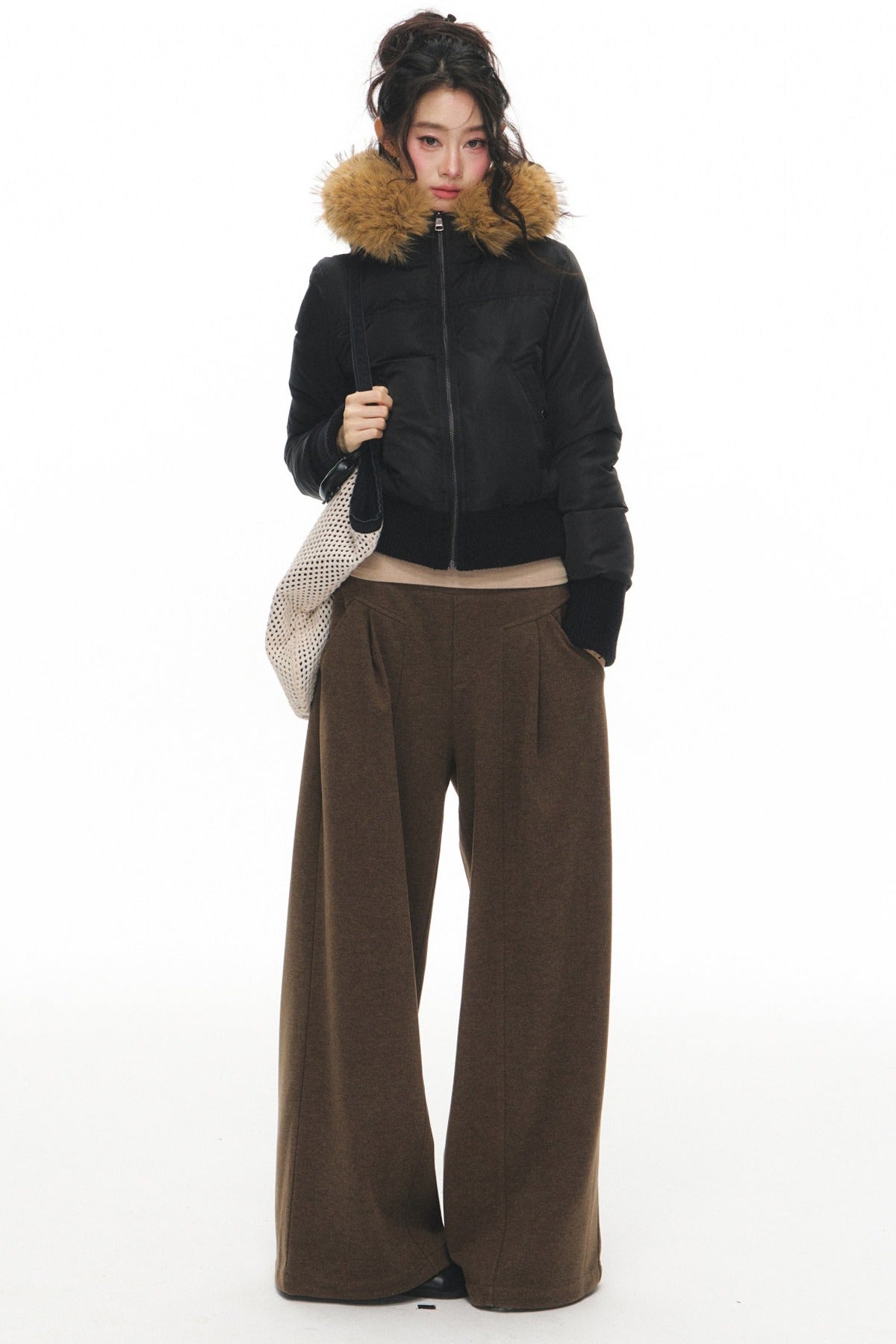 Lightweight Hooded Fur Collar Down Jacket and Pants Set-Up
