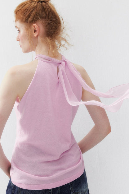 Cotton Silk Ribbon Sleeveless Halter Top