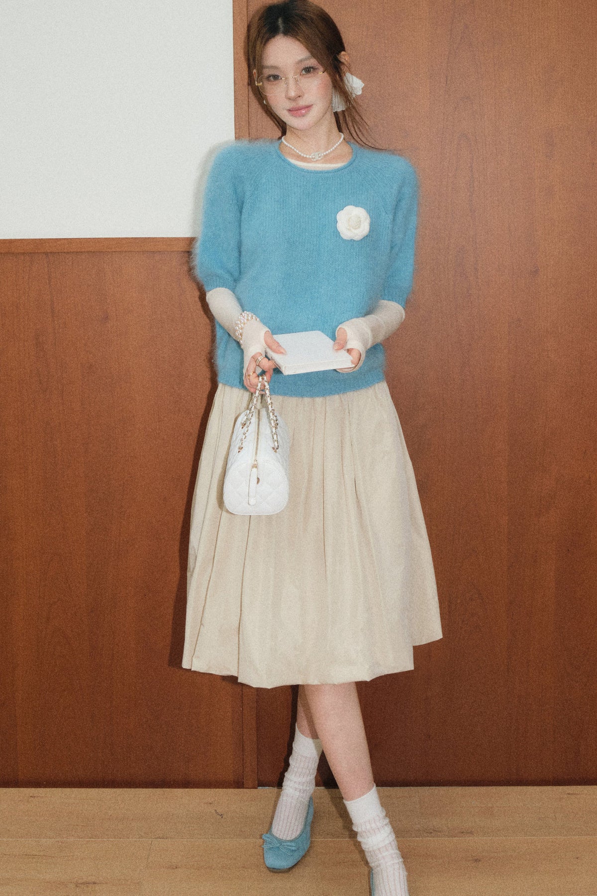 Mid-Sleeve Brushed Wool Pullover Top and A-Line Skirt Set-Up