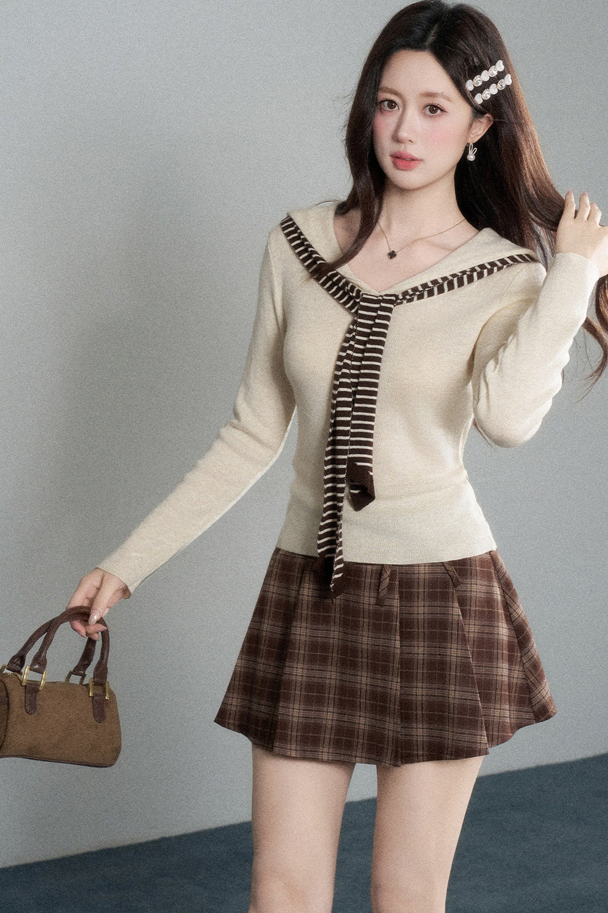 Preppy Navy Collar Blouse and Skirt Set-Up