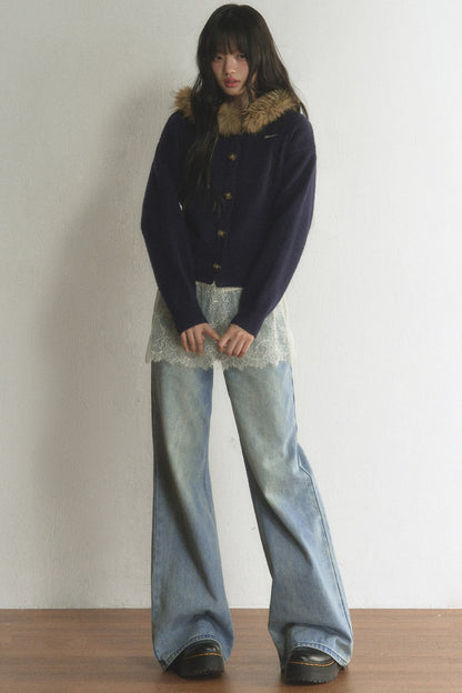 Fur Collar Hooded Cable Knit Cardigan Set-Up
