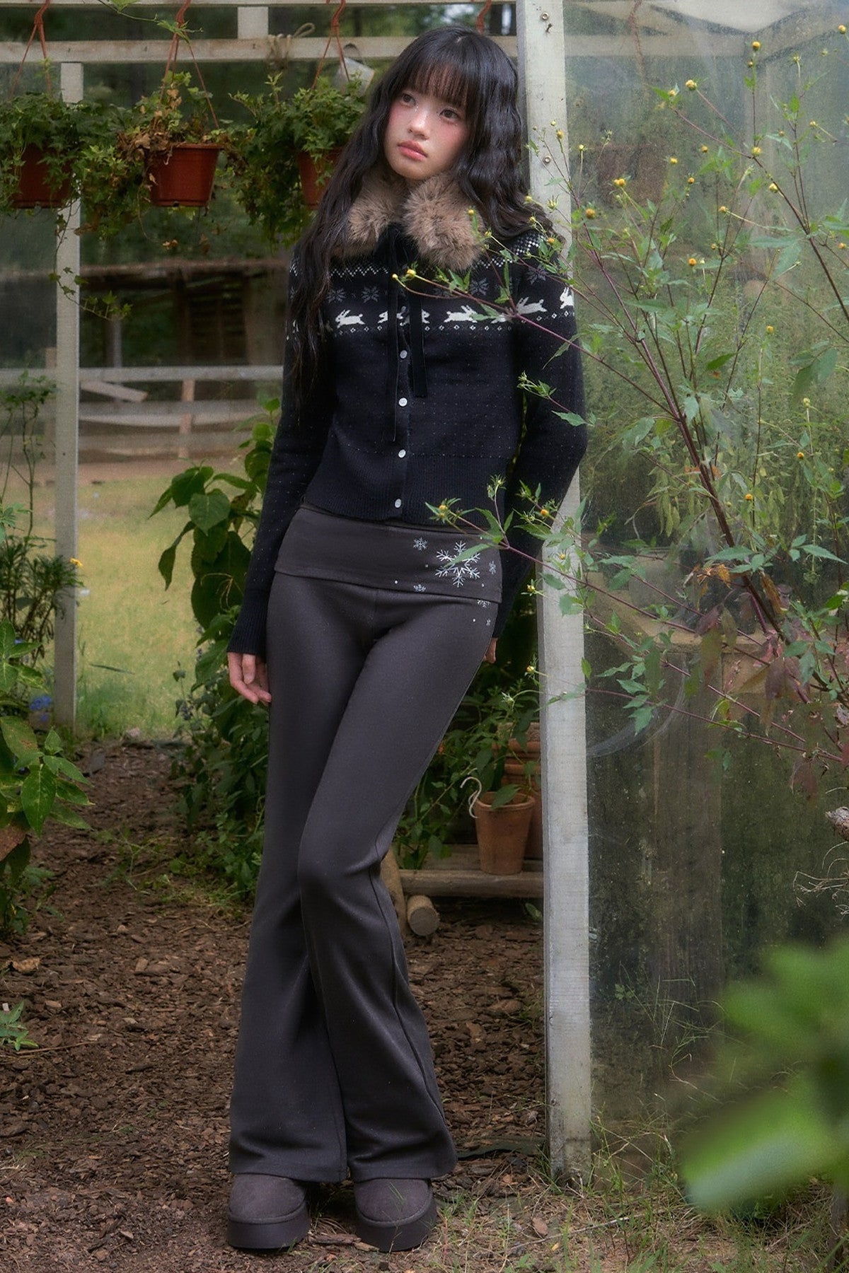 Waist-Cinching Fair Isle Rabbit Cardigan and Pants Set-Up
