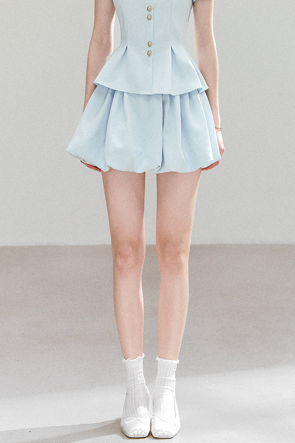 Light Blue Puff Sleeve Shirt And Skirt Set