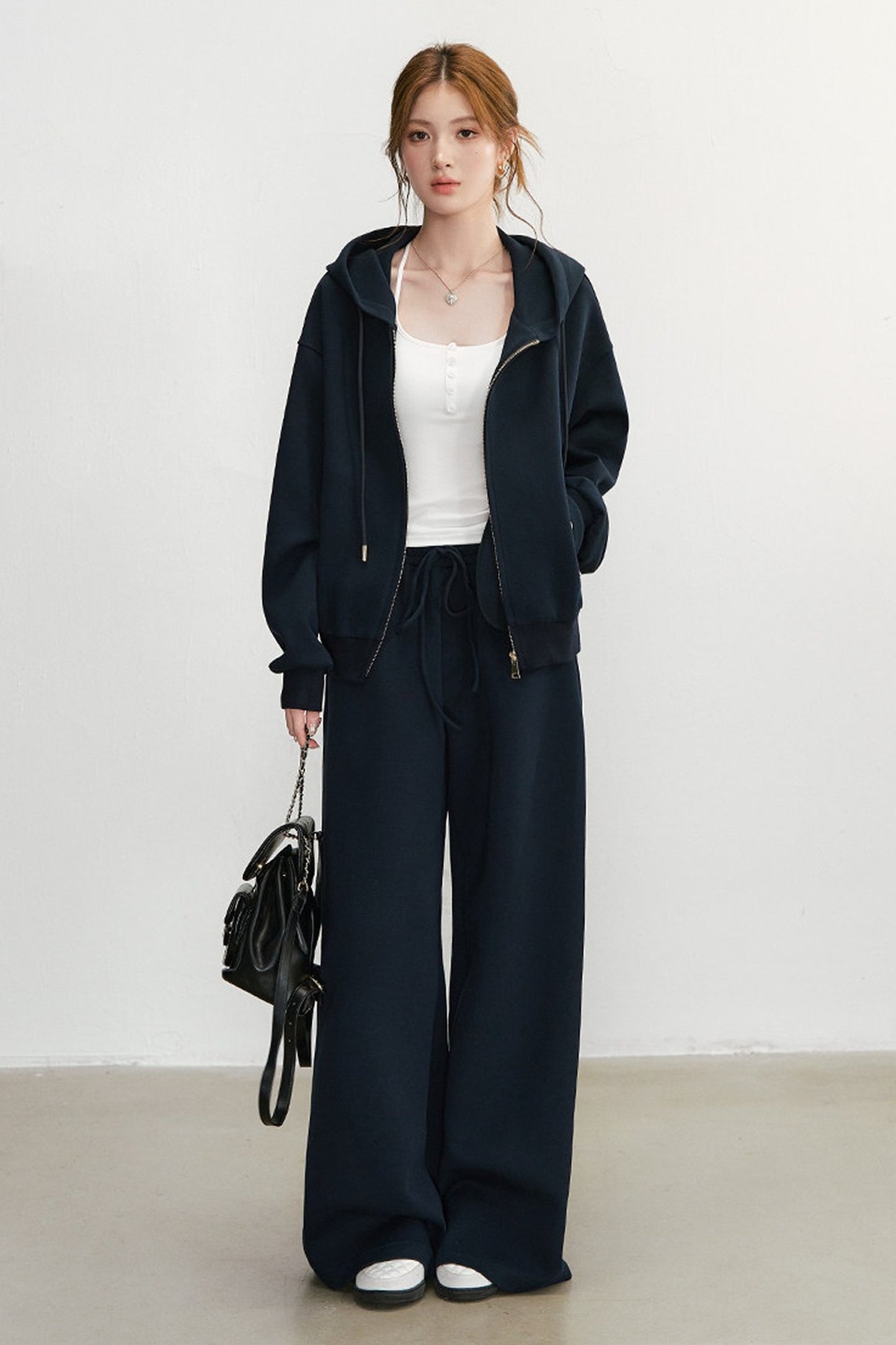 Embroidered Hooded Cardigan Sweatshirt and Wide-Leg Pants Set-Up