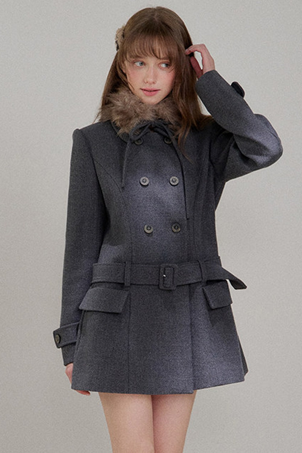 Double-Breasted Fur Collar Wool Coat