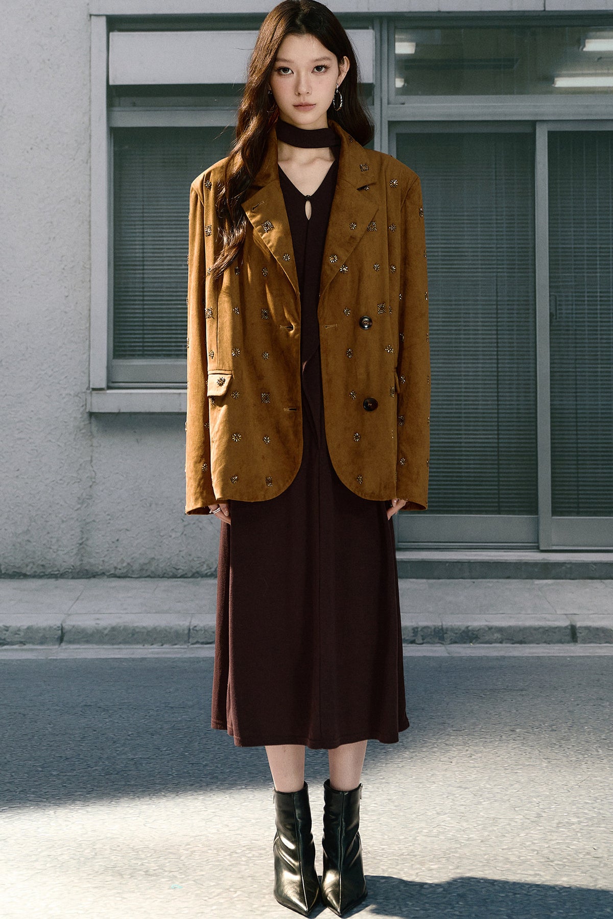 Beaded Suede Detachable Fur Collar Jacket