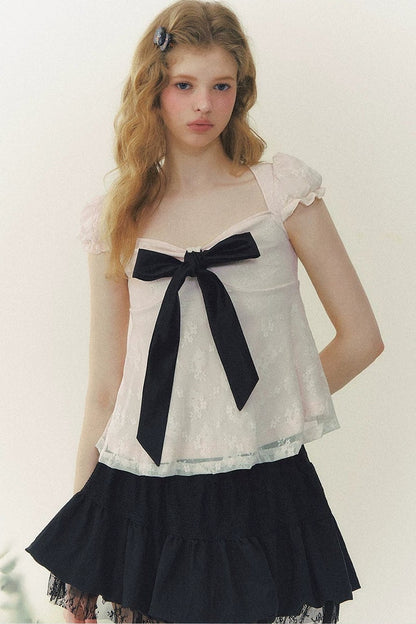 Square Neck Bow Lace Top