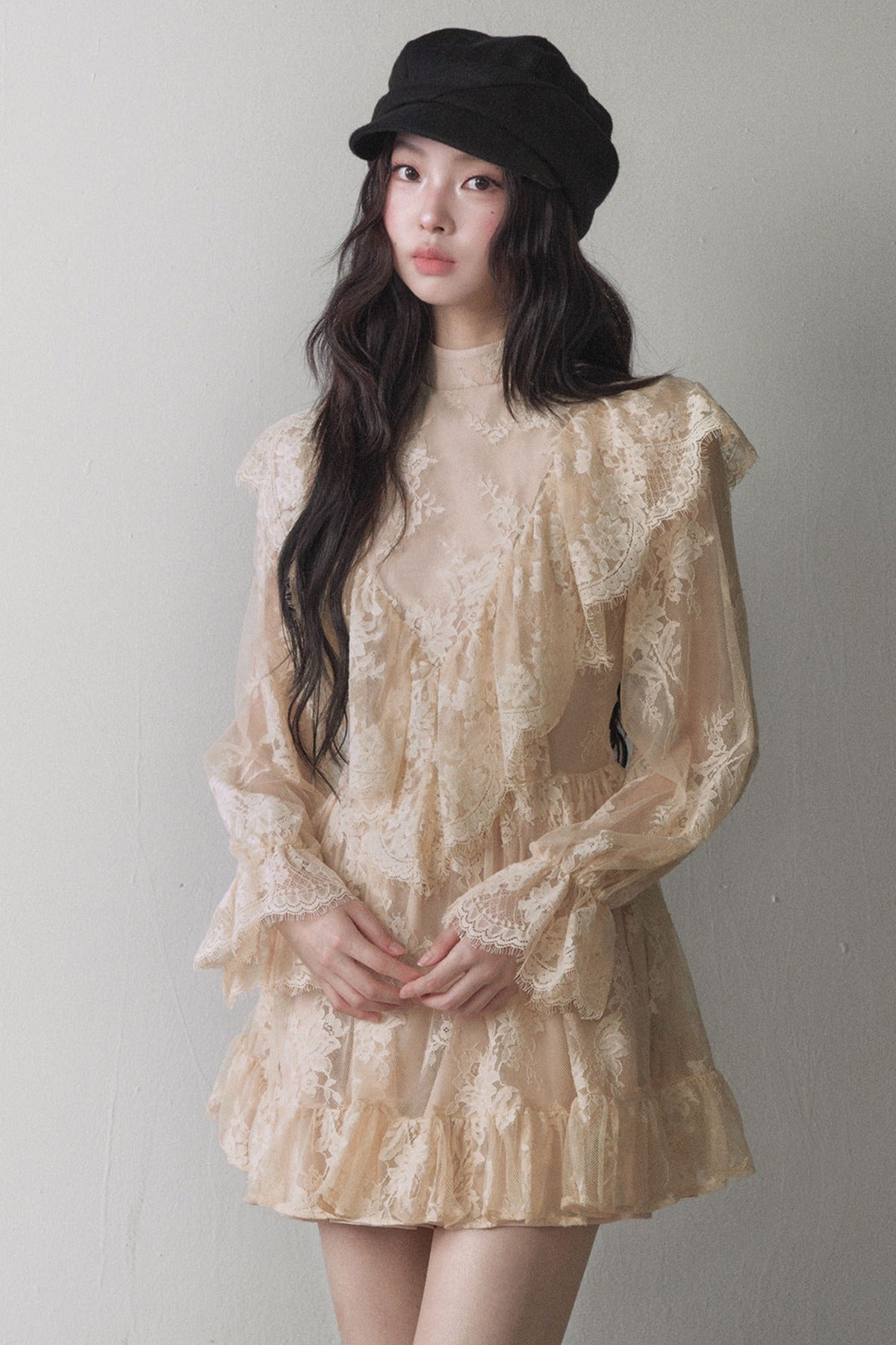 Beige Lace Ruffle Long-Sleeve Dress