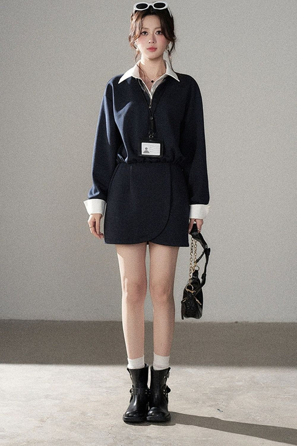 Layered-Look Polo Collar Sweatshirt Dress