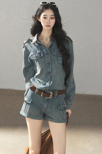 Denim Jacket Shirt And Cargo Shorts Set-Up
