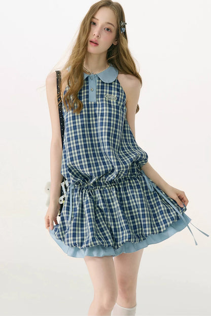 Robe bleue à carreaux avec col Claudine