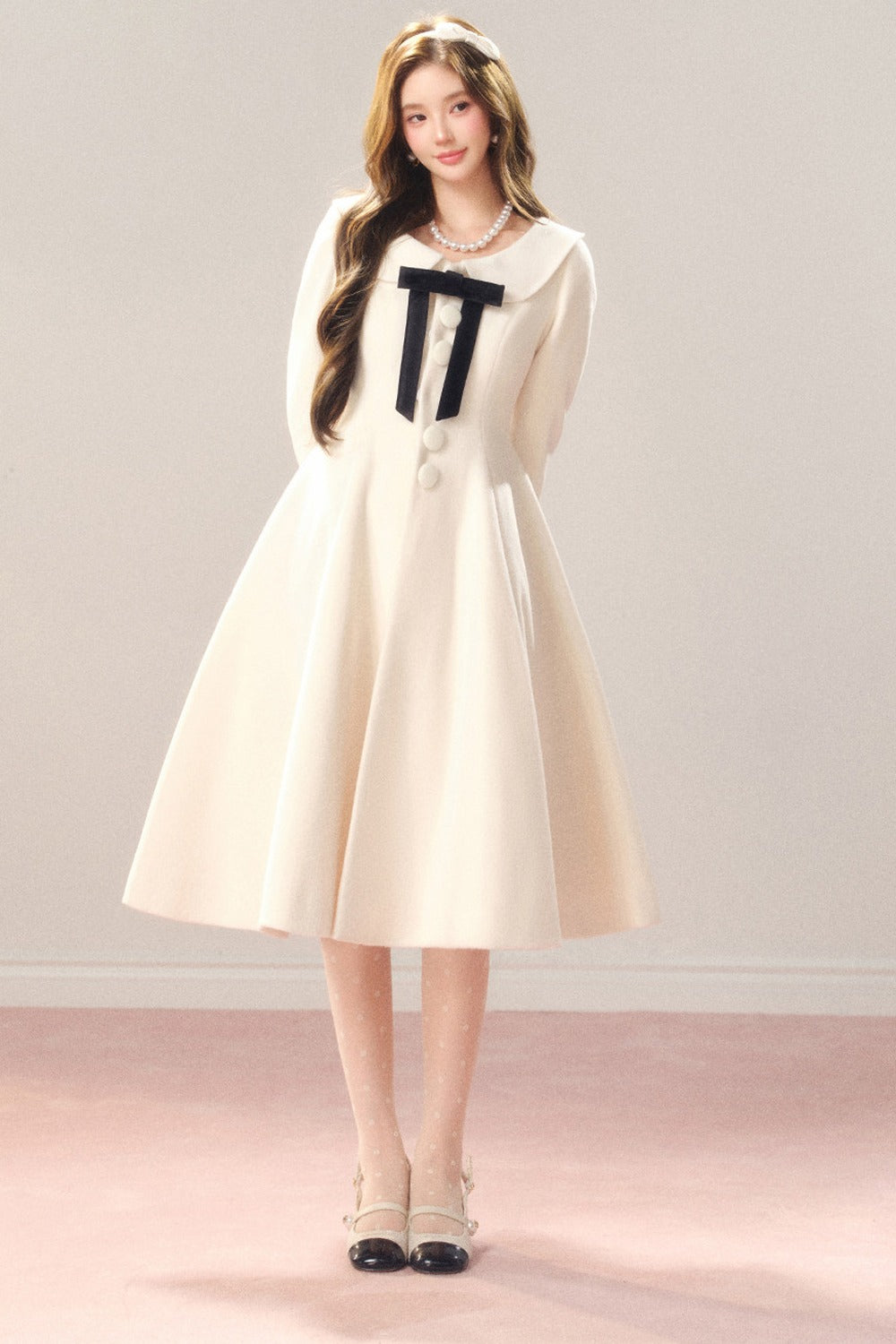 Flared Off-White Mid-Length Coat Dress