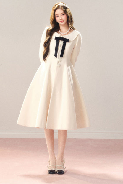 Flared Off-White Mid-Length Coat Dress