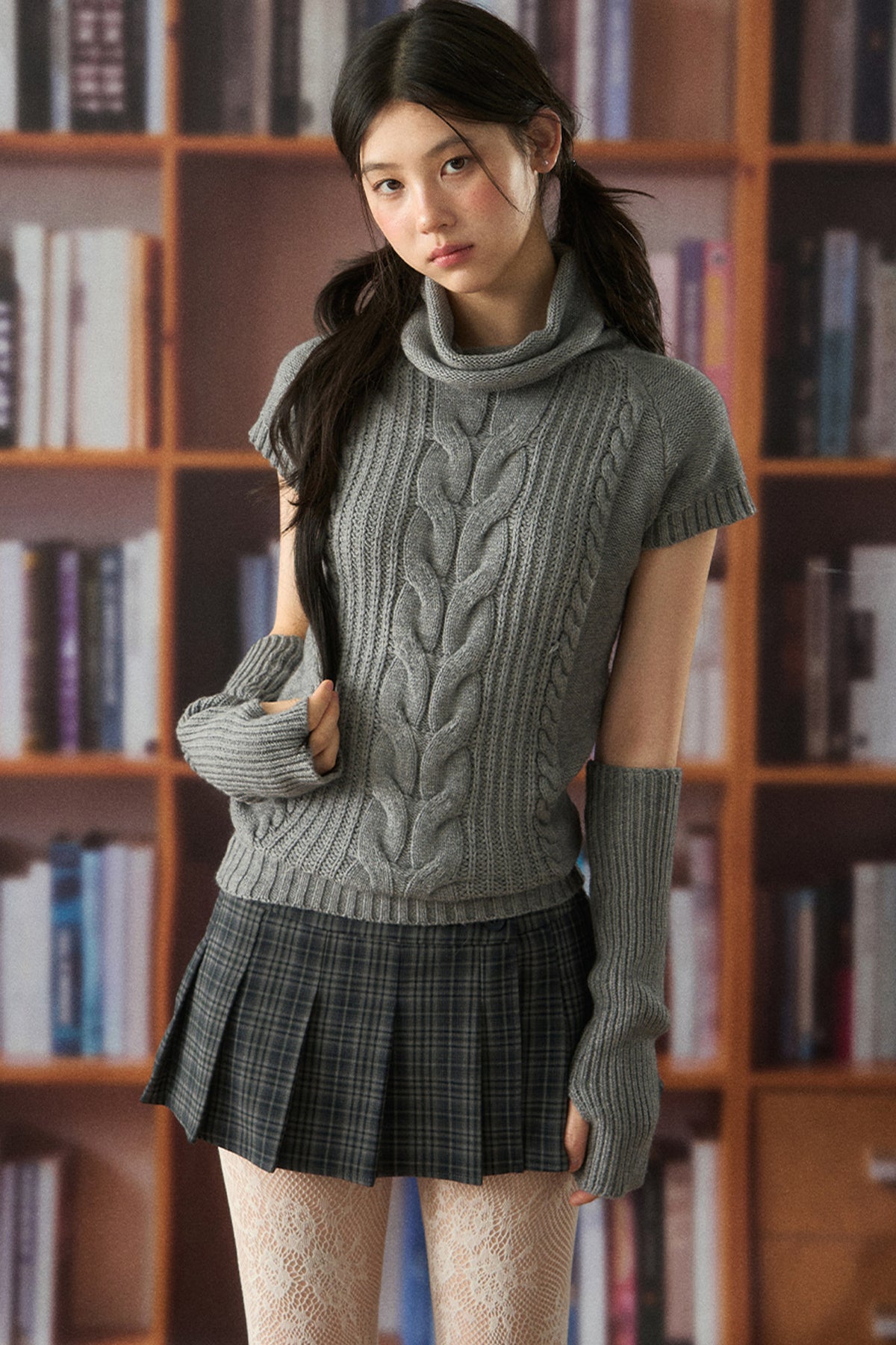 Turtleneck Cable Knit Top and Skirt Set-Up