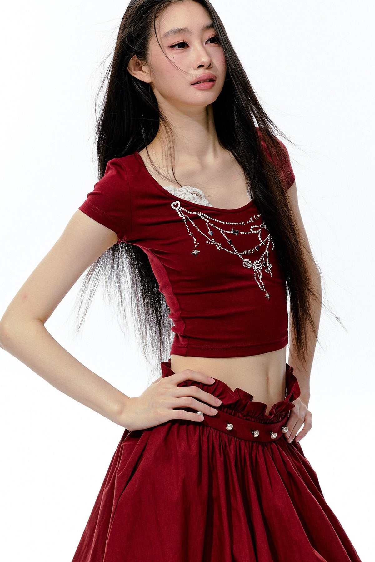 Pearl Rhinestone T-Shirt, Flower Bud Skirt and Pants Set-Up