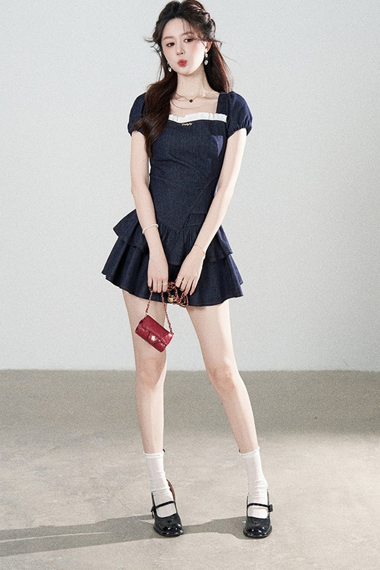 Denim Puff Sleeve Top And Skirt Set