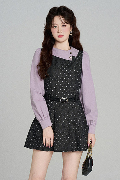 Black Purple Polka Dot Long Sleeve Dress