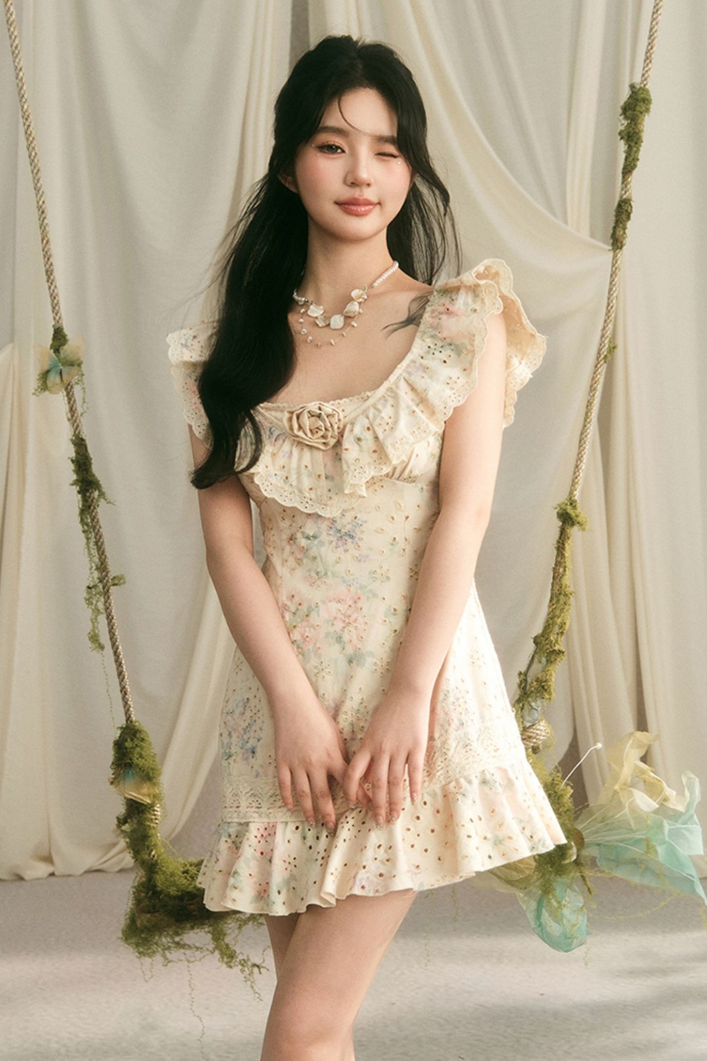 Floral Ruffle V-Neck Bow Short Dress
