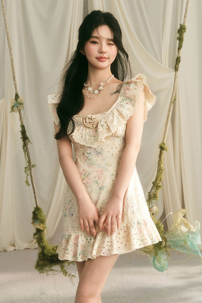 Floral Ruffle V-Neck Bow Short Dress