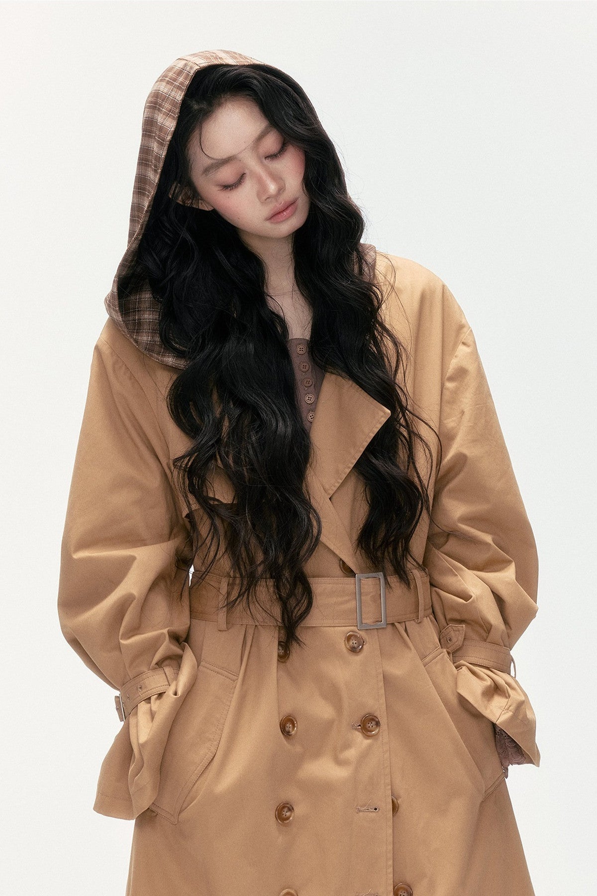 Plaid Patchwork Double-Breasted Hooded Padded Trench Coat