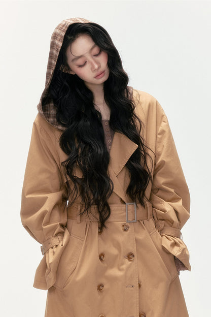 Plaid Patchwork Double-Breasted Hooded Padded Trench Coat