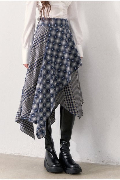 White Shirt and Denim Waistband Asymmetrical Plaid Skirt Set-Up