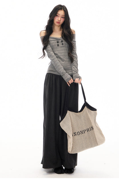 Striped Off-Shoulder Knit Top and Jeans Set-Up