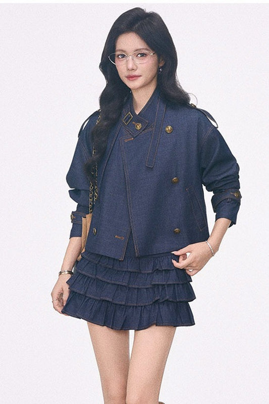 Imitation Denim Short Jacket and Cake Skirt Set