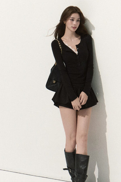 Lyocell Wool Lace Polo Knit Top