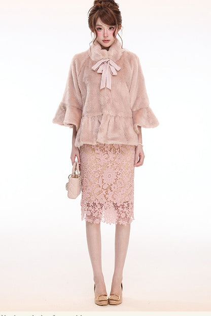 Pink Stand Collar Bow Fur Cape Coat and Midi Skirt Set-Up