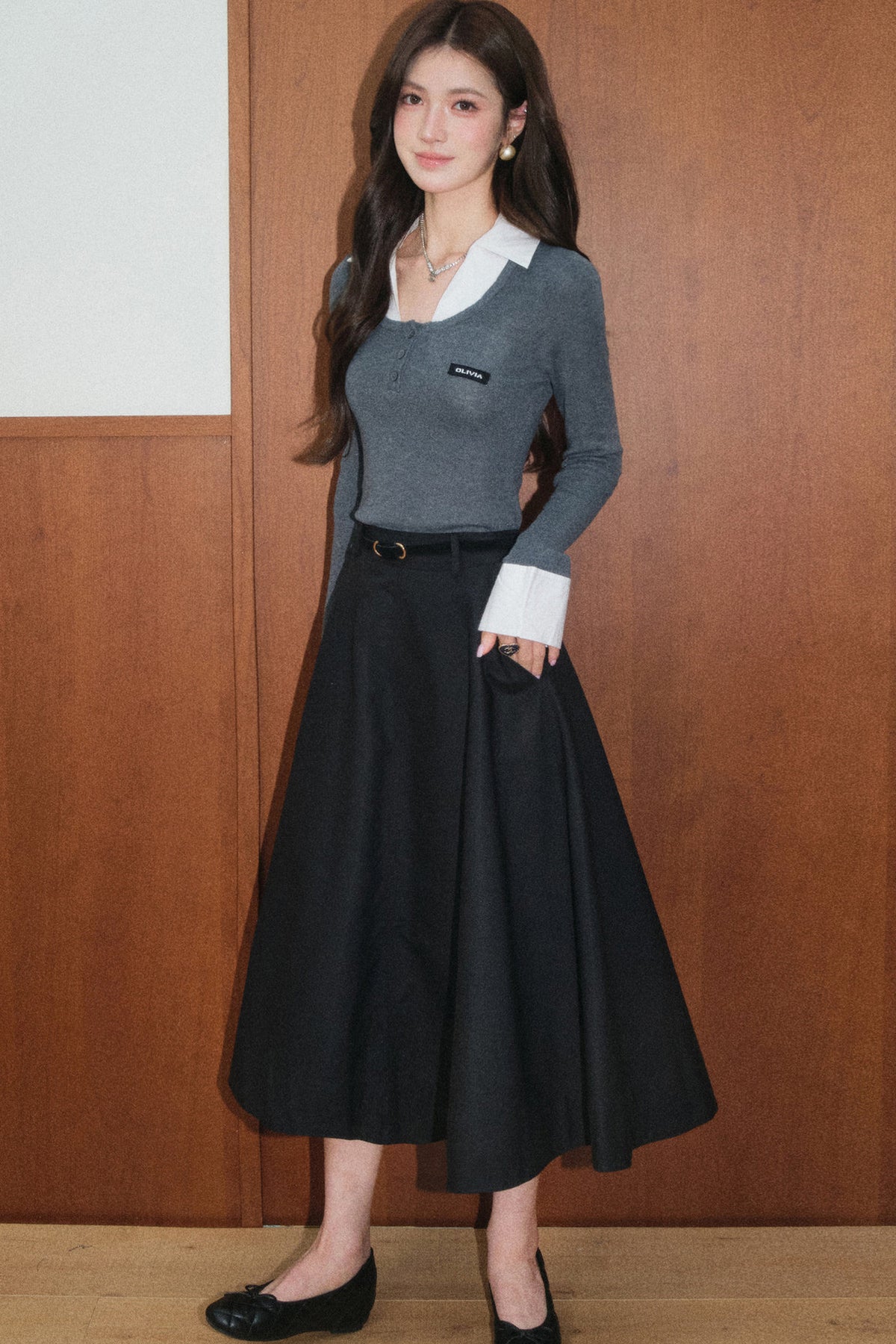 Gray Knit Top and Black A-Line Skirt Set-Up