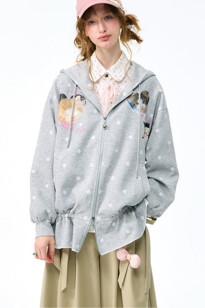 Cat Polka Dot Zipper Hooded Jacket