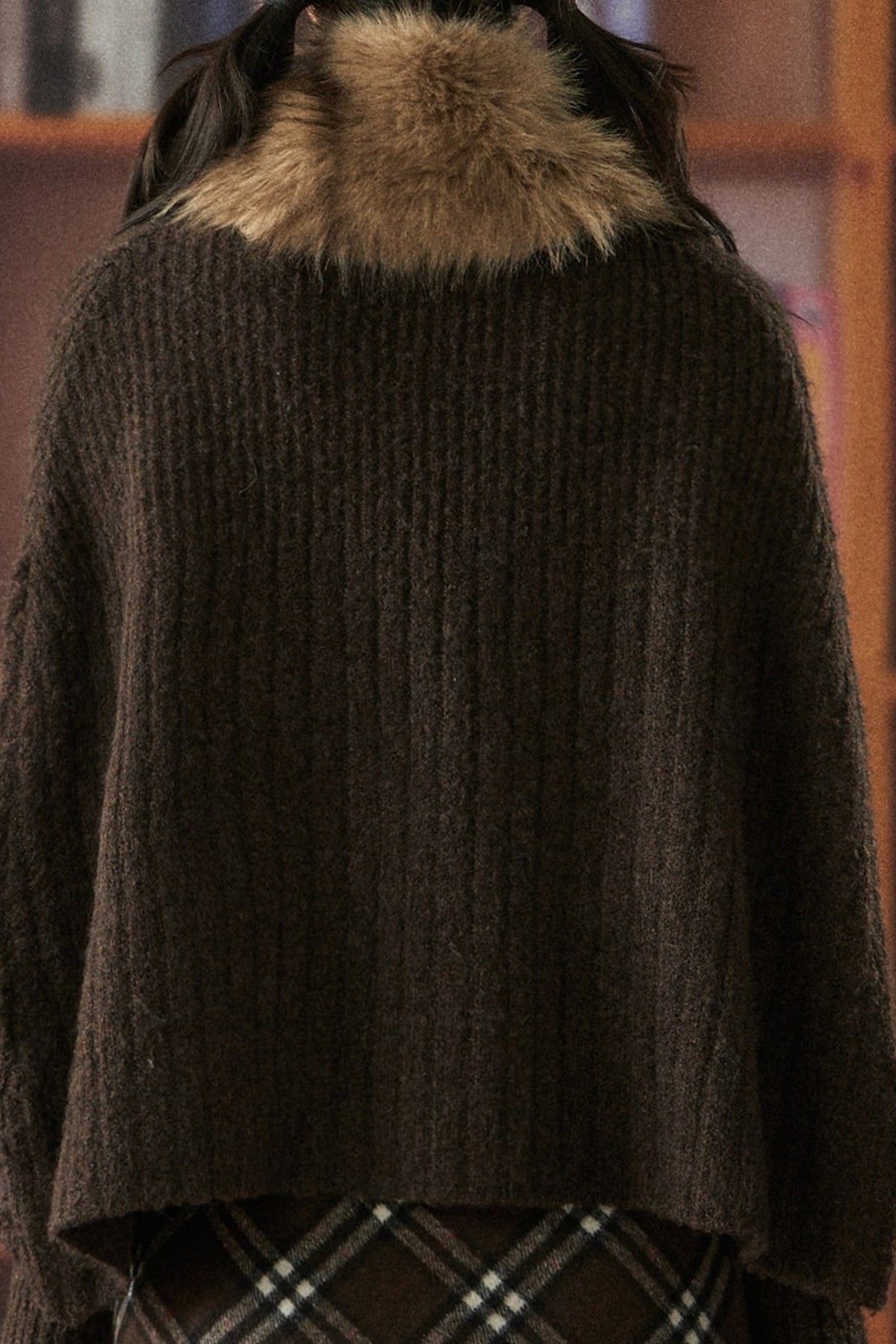 Chunky Ribbed Fur Collar Top and Skirt Set-Up