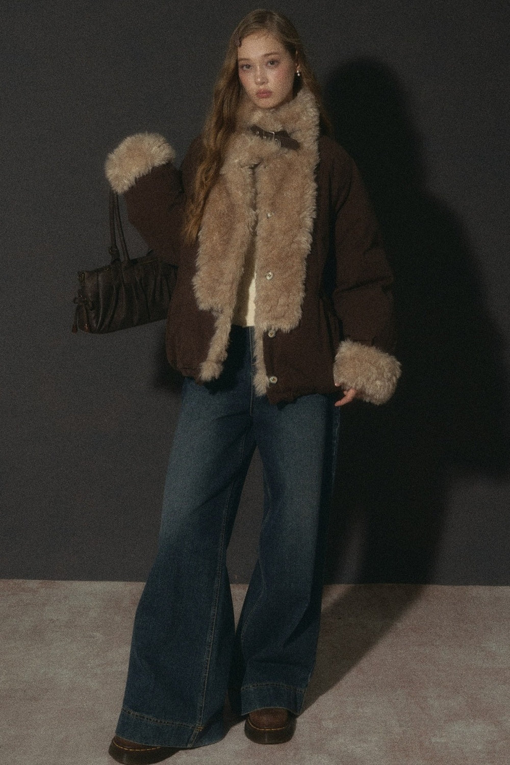 Wheat Spike Floral Plush Stand Collar Jacket