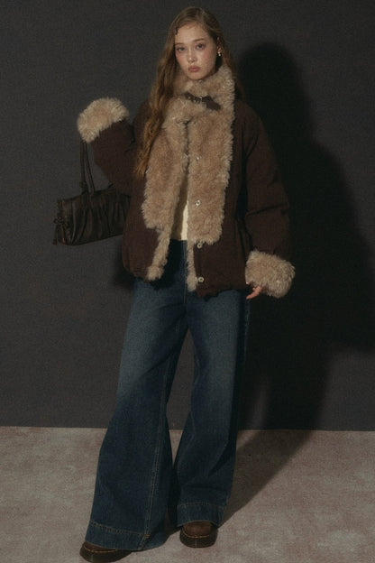 Wheat Spike Floral Plush Stand Collar Jacket