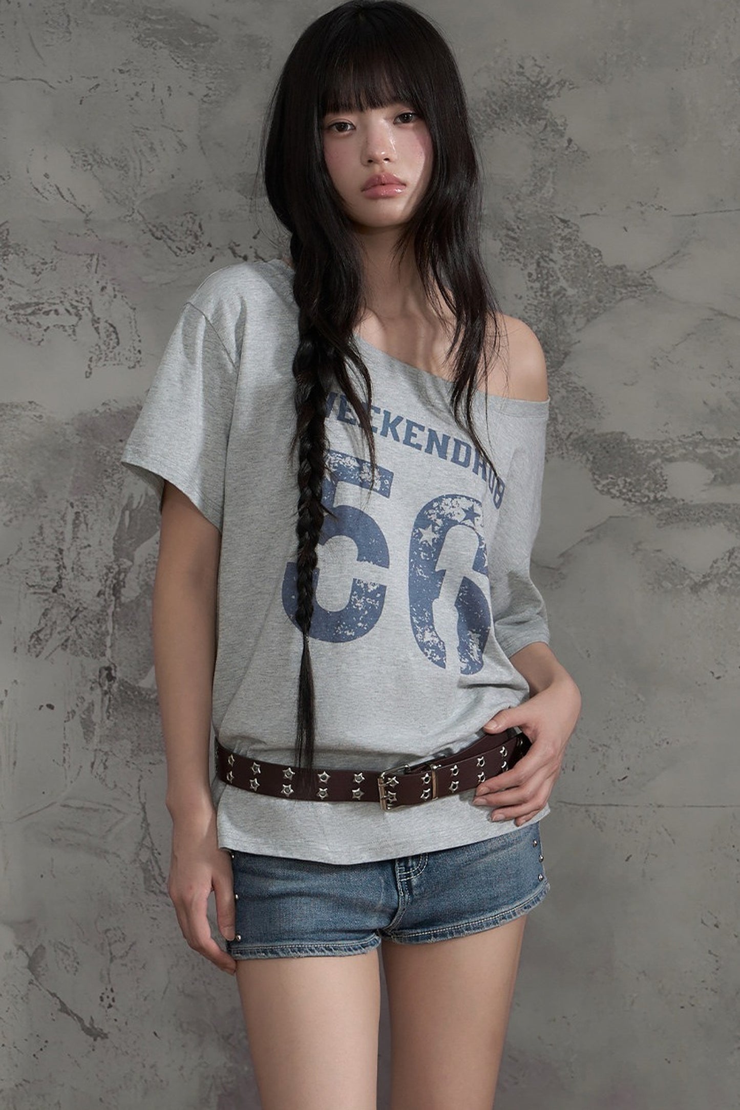 Slanted Shoulder Off-Shoulder T-Shirt Top and Pants Set-Up