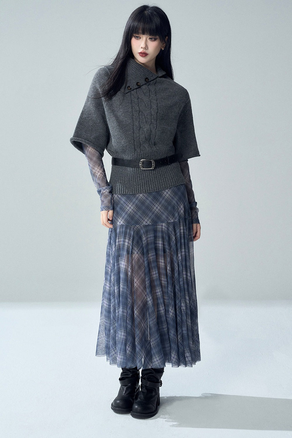 Blue Plaid Long Sleeve Dress Set