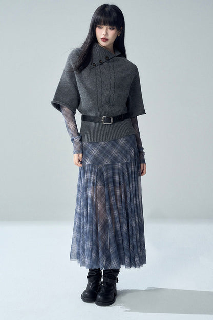 Blue Plaid Long Sleeve Dress Set