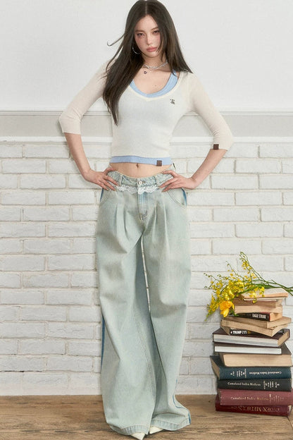 Viapitti Lace Patchwork Straight Jeans