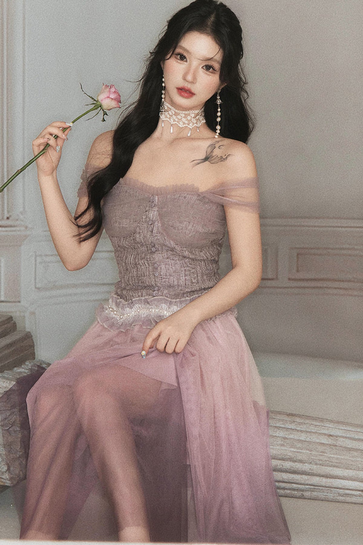 Spliced Pleated Mesh Lace Tube Top