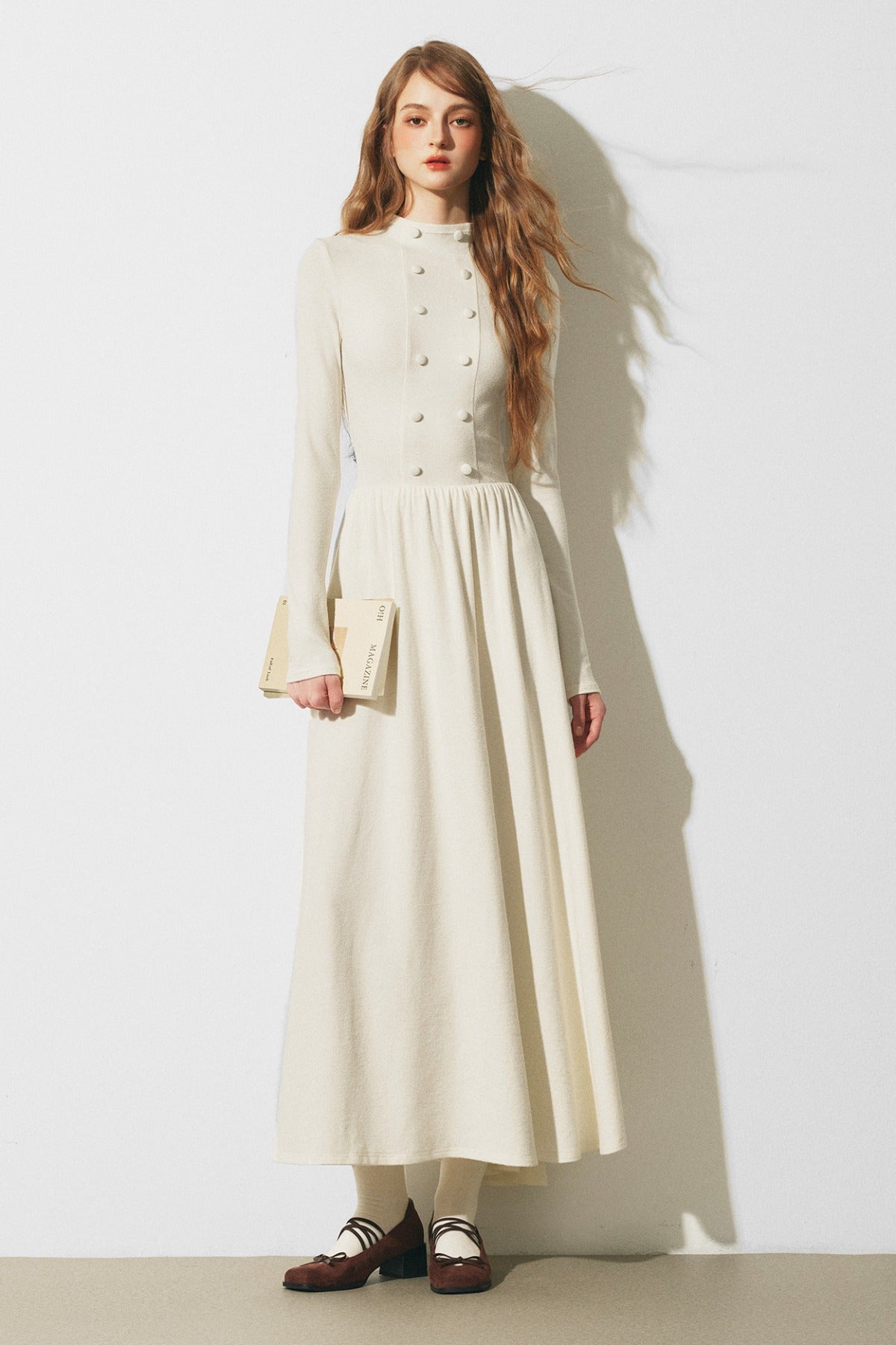 Knitted Sweater Cape and Double-Breasted Dress Set-Up