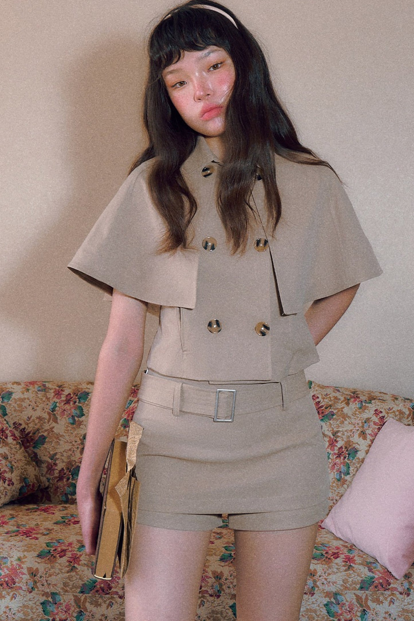 Vintage Double-Breasted Cape Top and Short Skirt Set-Up