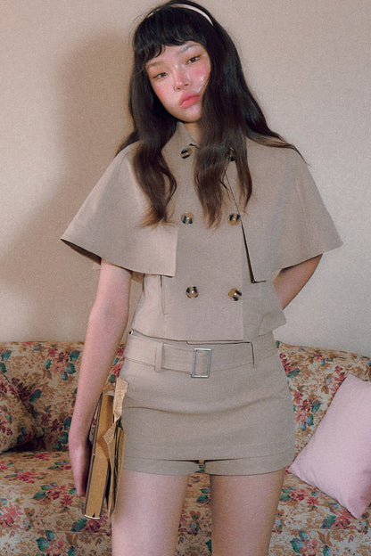 Vintage Double-Breasted Cape Top and Short Skirt Set-Up